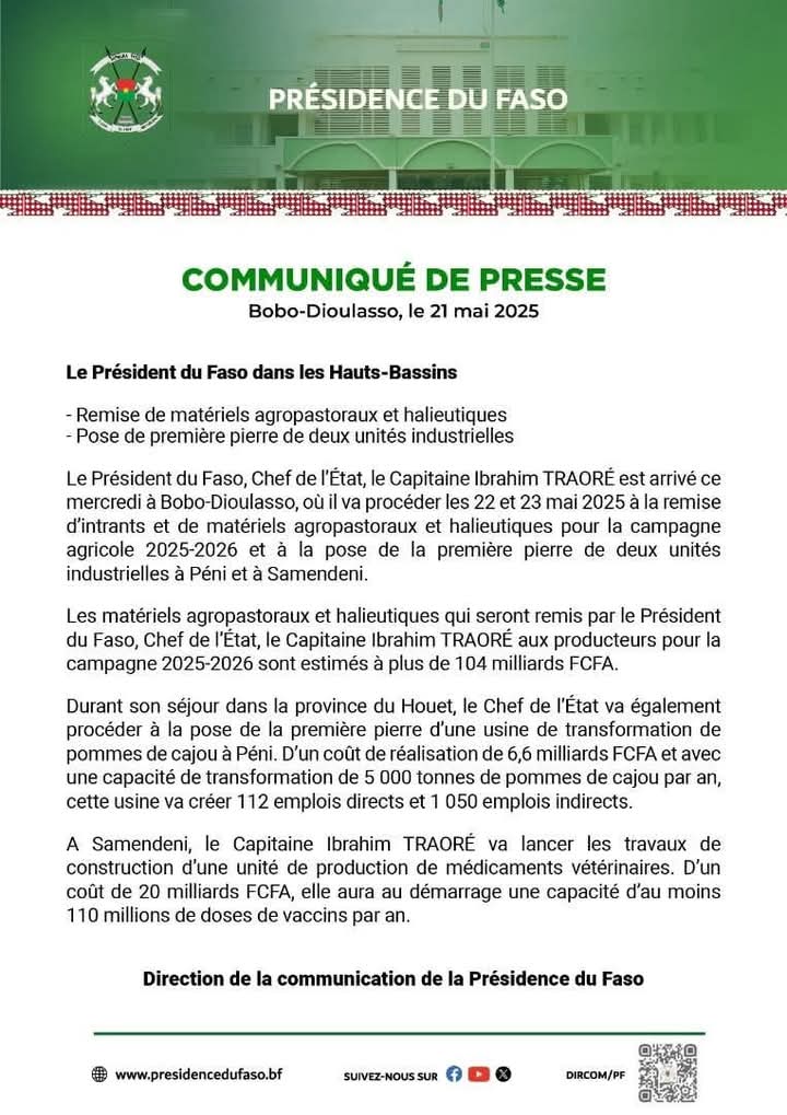 Communiqué de la Présidence du Faso