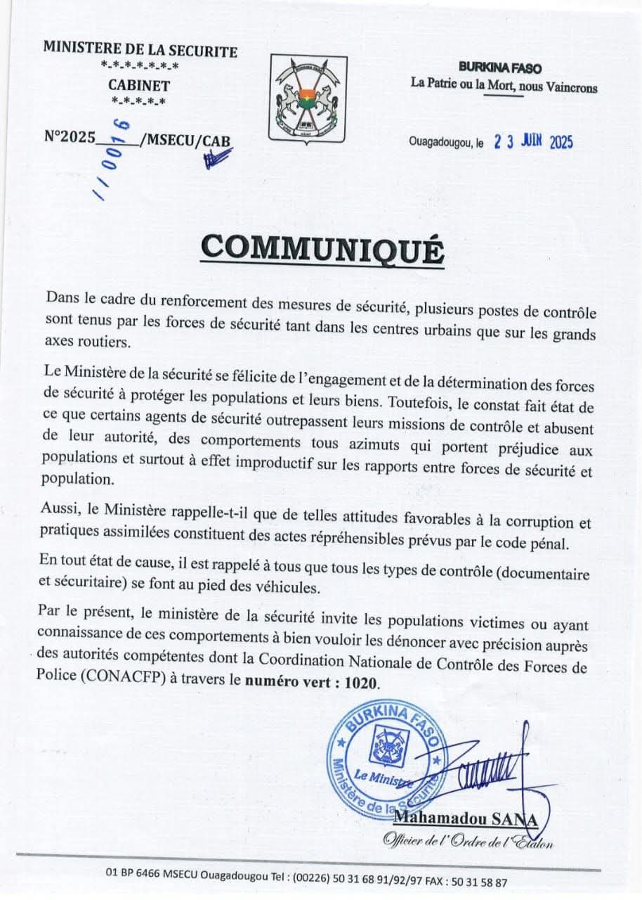Communiqué du Ministère de la Sécurité
