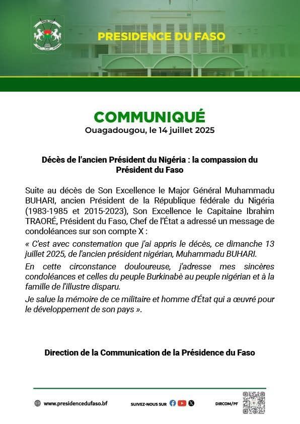 Burkina : Le Président Ibrahim TRAORE rend hommage à l’ancien Président nigérian Muhammadu Buhari