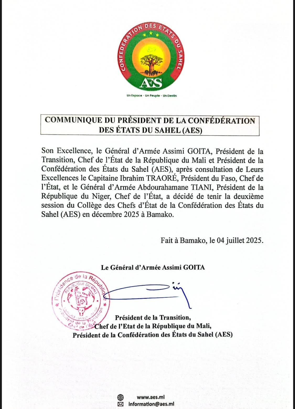 Communiqué du Président de la Confédération des Etats du Sahel (AES)
