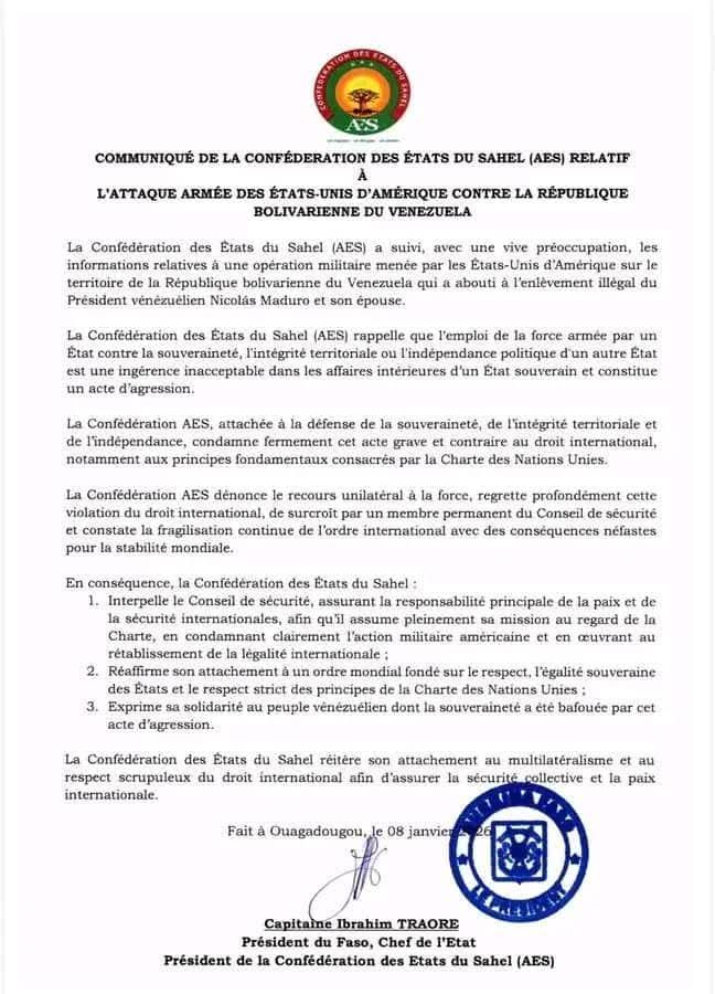 COMMUNIQUÉ DE LA CONFÉDÉRATION DES ÉTATS DU SAHEL RELATIF A L&rsquo;ATTAQUE ARMÉE DES ÉTATS-UNIS D&rsquo;AMÉRIQUE CONTRE LA RÉPUBLIQUE BOLIVARIENNE DU VENEZUELA