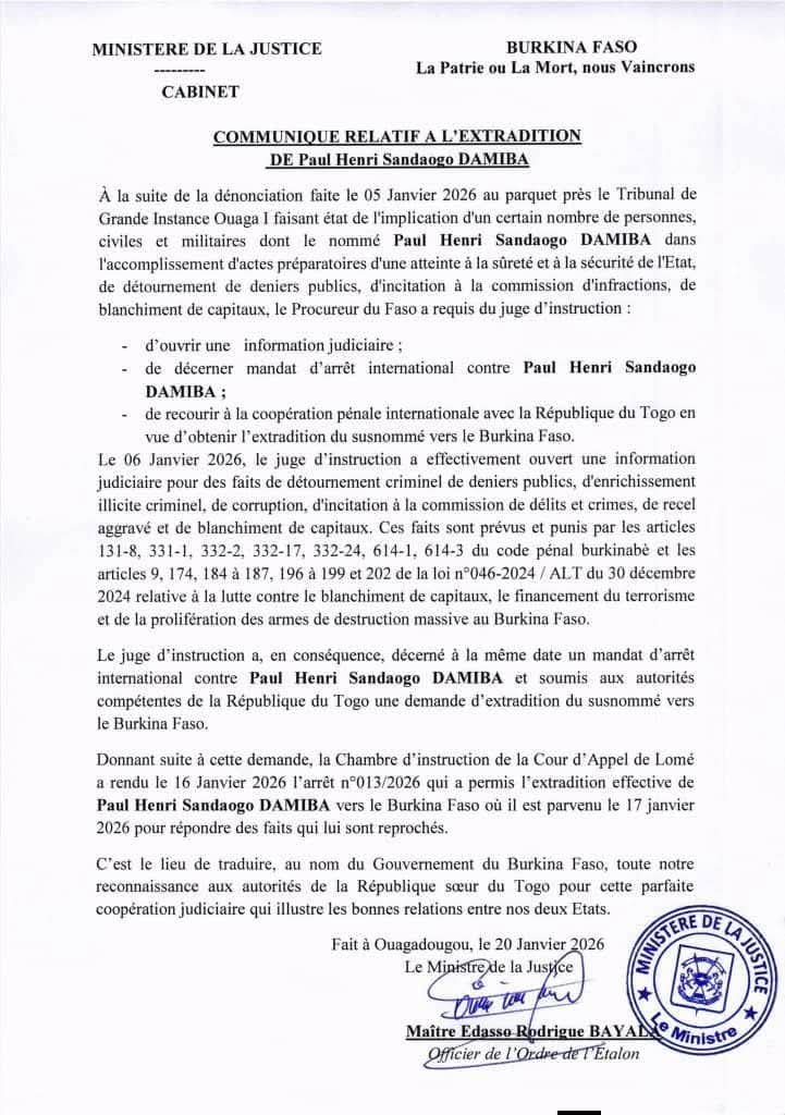 Le Burkina confirme l&rsquo;extradition de l&rsquo;ancien Président Paul-Henri Sandaogo Damiba