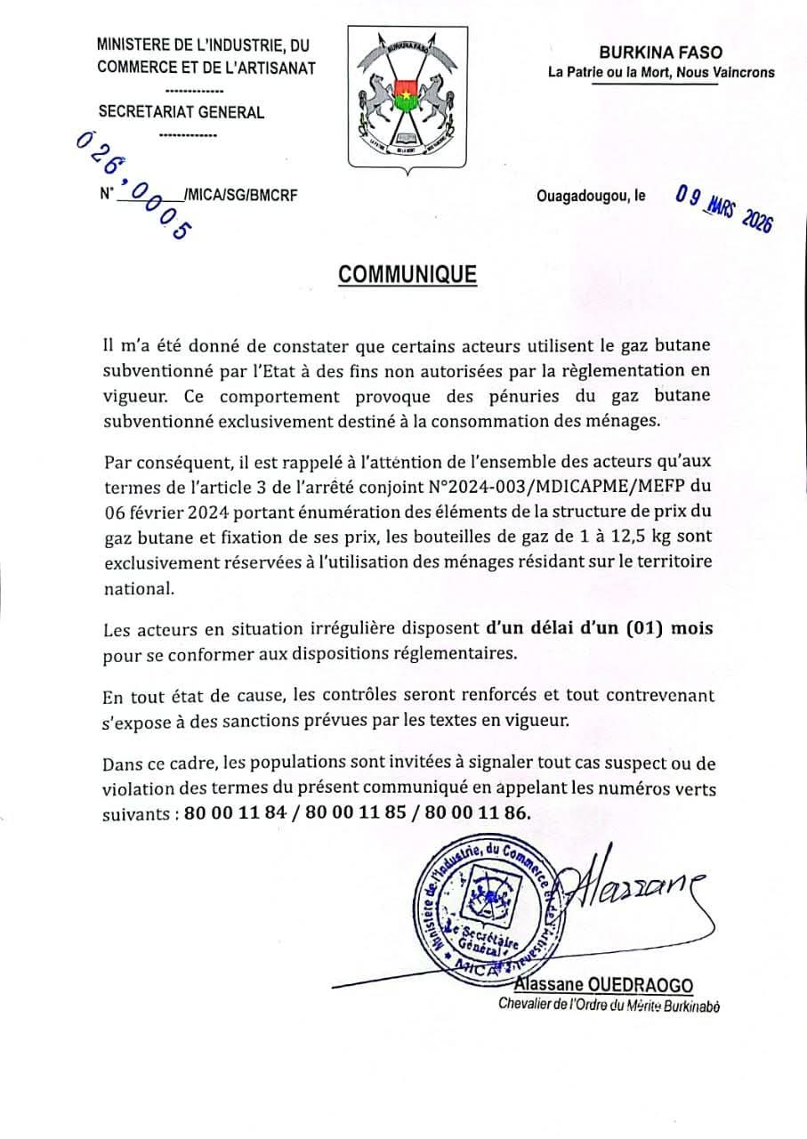 COMMUNIQUÉ : À l’attention des acteurs d’utilisation du gaz butane subventionné par l’État.