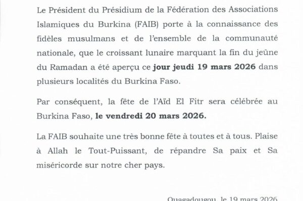 L&rsquo;Aïd El Fitr sera célébrée au Burkina Faso le vendredi 20 mars 2026.