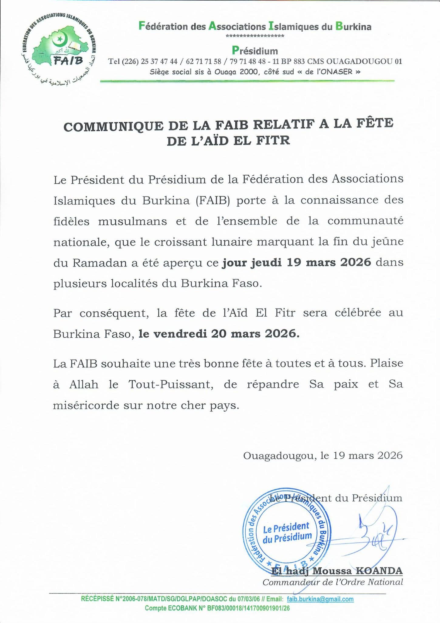 L&rsquo;Aïd El Fitr sera célébrée au Burkina Faso le vendredi 20 mars 2026.