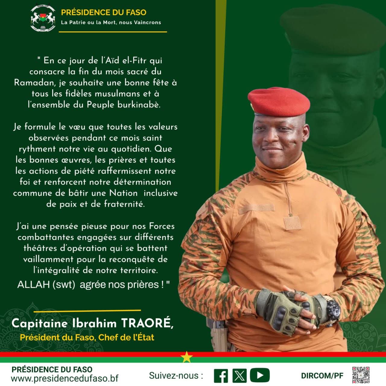 RAMADAN 2026 : LE MESSAGE DE SON EXCELLENCE LE CAPITAINE IBRAHIM TRAORÉ, PRÉSIDENT DU FASO, CHEF DE L&rsquo;ÉTAT