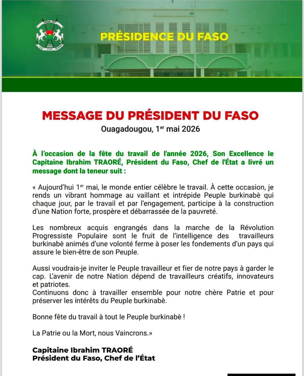 FÊTE DU TRAVAIL, 1ER MAI 2026 : MESSAGE DE SON EXCELLENCE LE CAPITAINE IBRAHIM TRAORÉ, PRÉSIDENT DU FASO, CHEF DE L&rsquo;ÉTAT