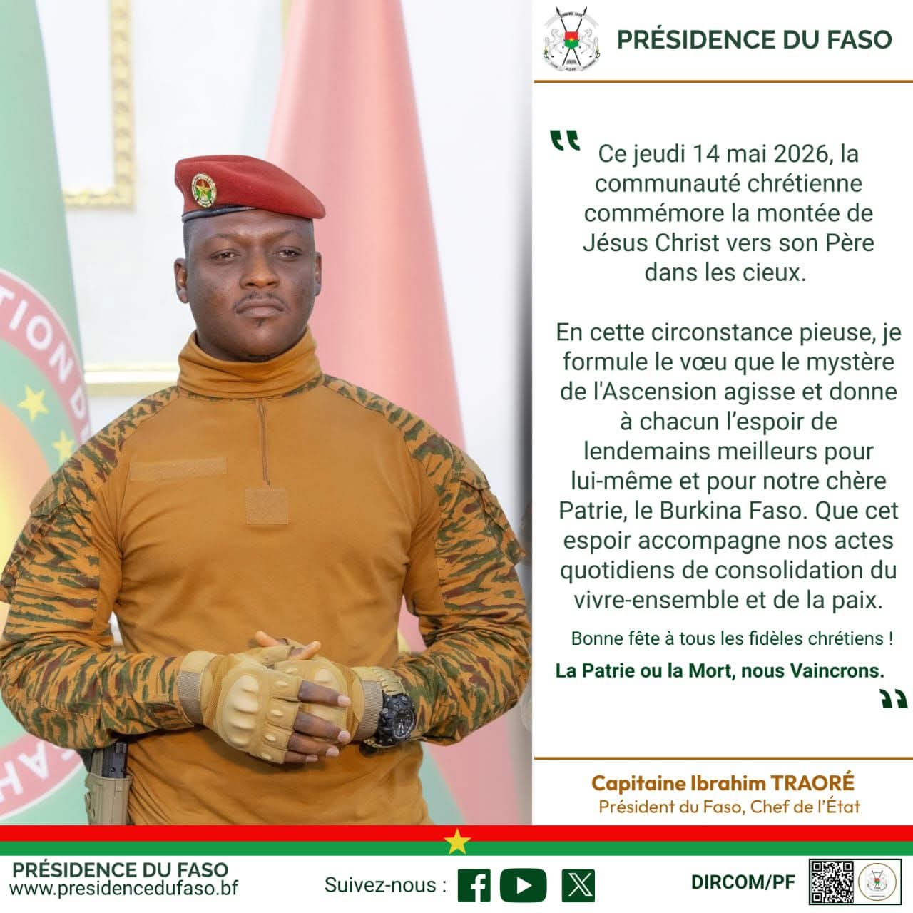 Burkina Faso : fête de l&rsquo;Ascension, le message du Président du Faso Chef de l&rsquo;État le Camarade Capitaine Ibrahim TRAORÉ