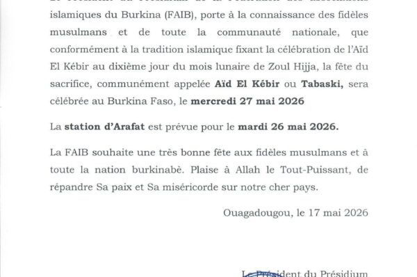 La Tabaski sera célébrée le mercredi 27 mai 2026 au Burkina Faso inshaaAllah
