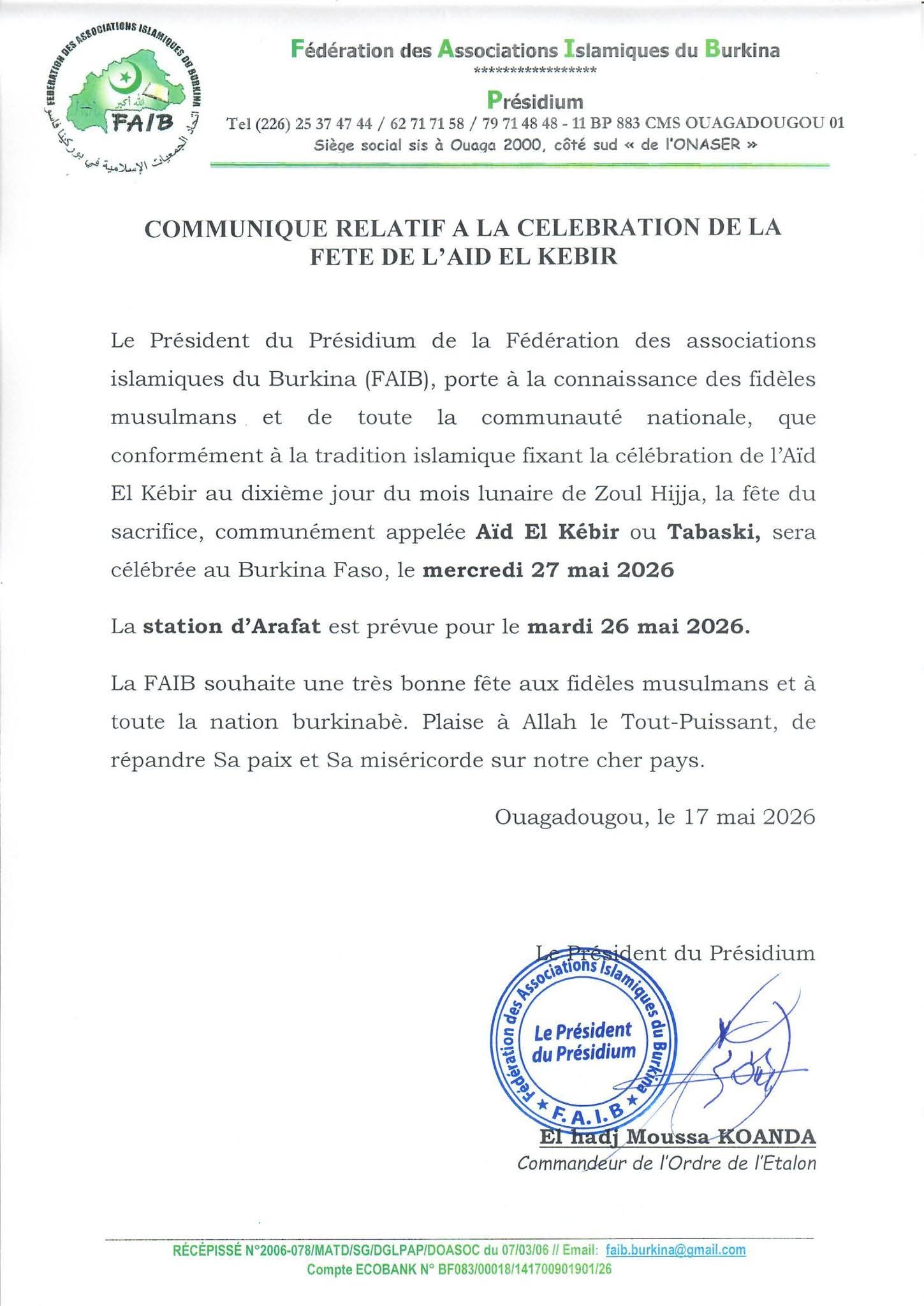 La Tabaski sera célébrée le mercredi 27 mai 2026 au Burkina Faso inshaaAllah