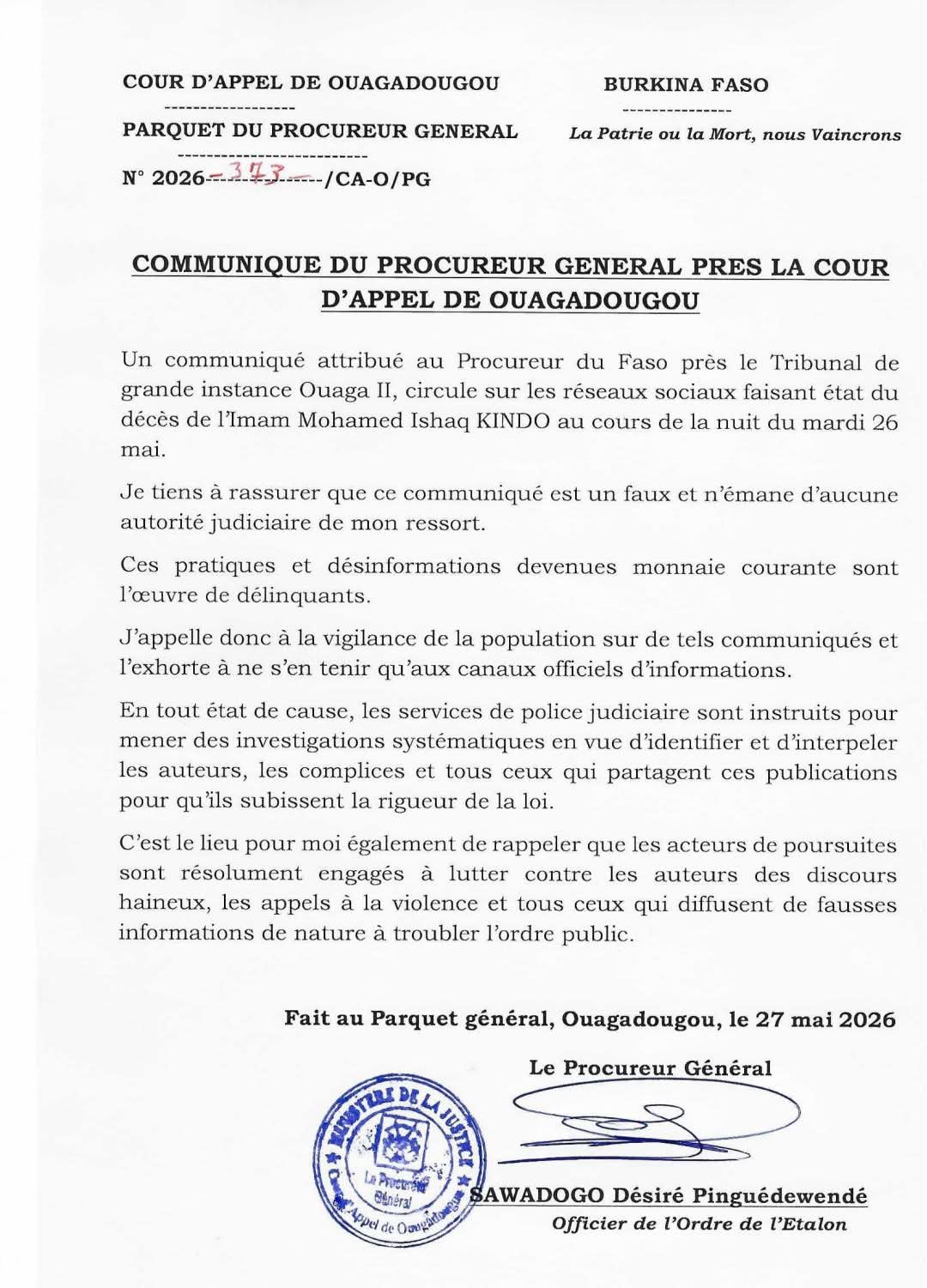 Burkina Faso : communiqué du Procureur Général
