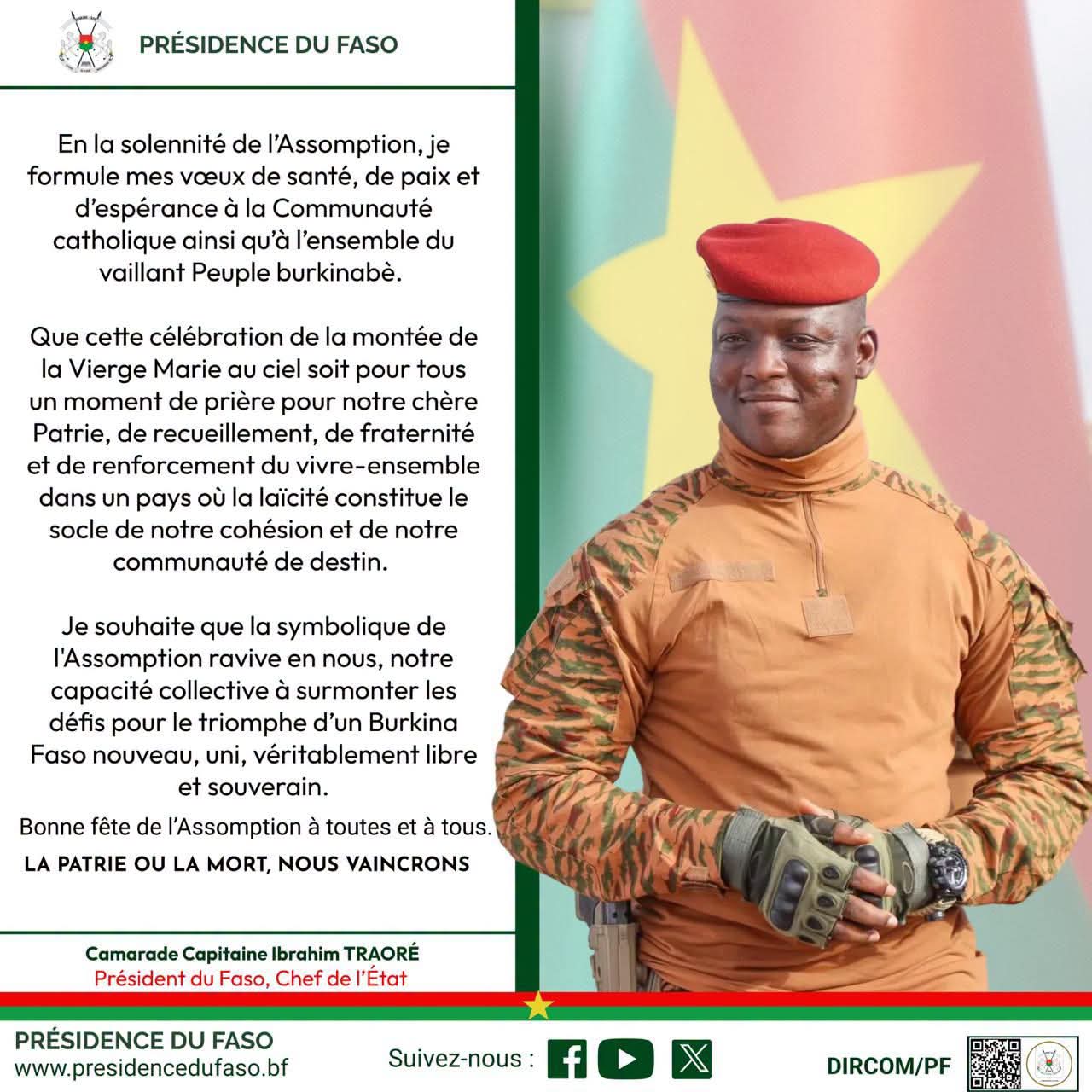 FÊTE DE L&rsquo;ASSOMPTION 2026 : LE MESSAGE DU CAMARADE CAPITAINE IBRAHIM TRAORÉ,  PRÉSIDENT DU FASO,  CHEF DE L&rsquo;ÉTAT